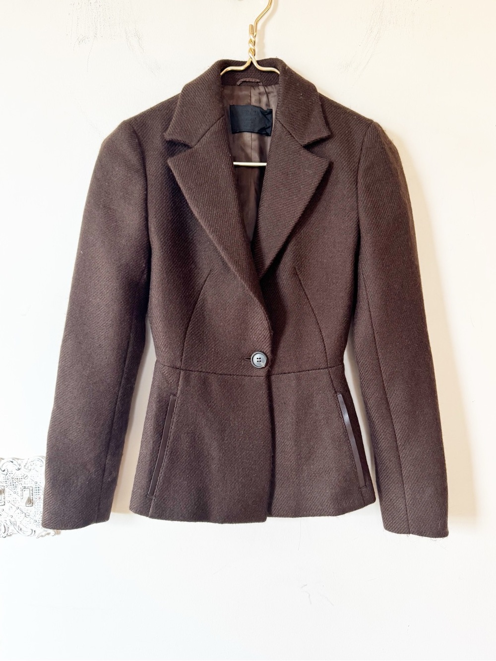 Prada Vintage 90s Brown One Button Wool Blazer Leather Trim 38 / 2